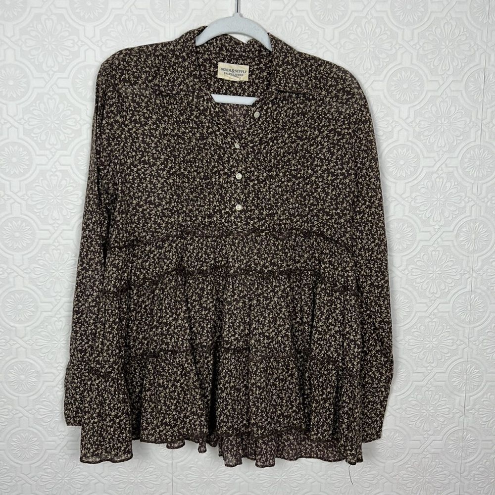 Ralph Lauren Denim & Supply Peasant Top Blouse Floral Boho Bohemian Brown beiges